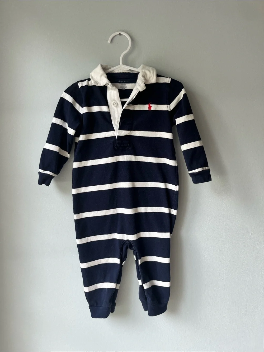 Kid's Ralph Lauren Navy & White Striped Rugby Polo One-Piece with Red Pony- 12M